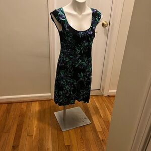 Ann Taylor Black Midi Dress with Green and Purple Floral Pattern